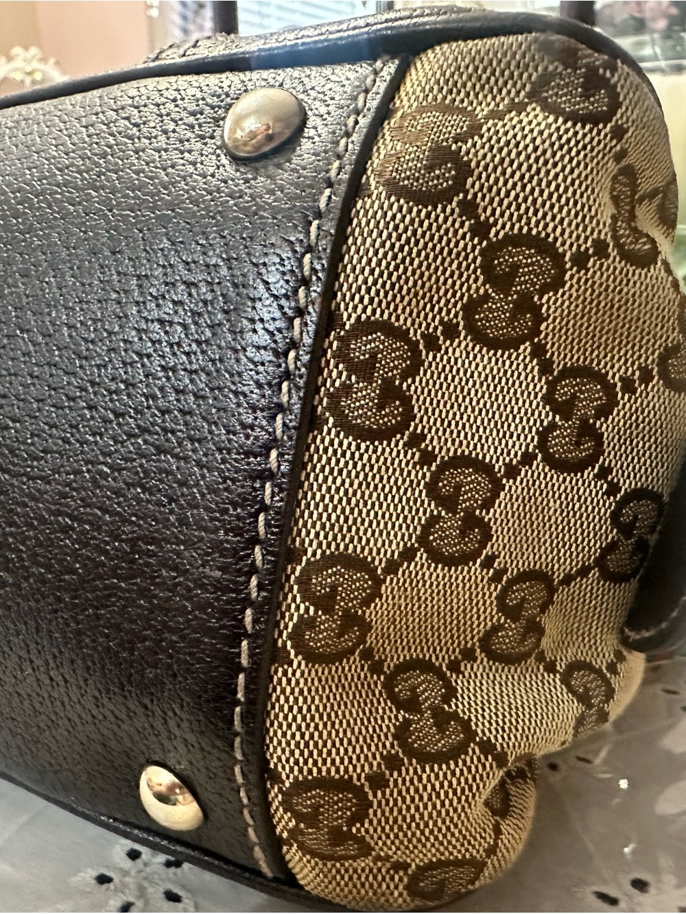 Gucci Princy Beige Monogram Canvas Shoulder Bag with Brown Trim and Web Stripe - Picture 2 of 16